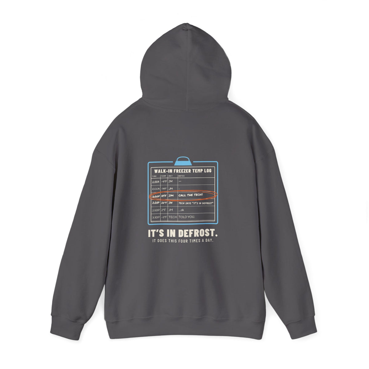 Charcoal hoodie, back view, with a walk-in freezer temp log and It's In Defrost