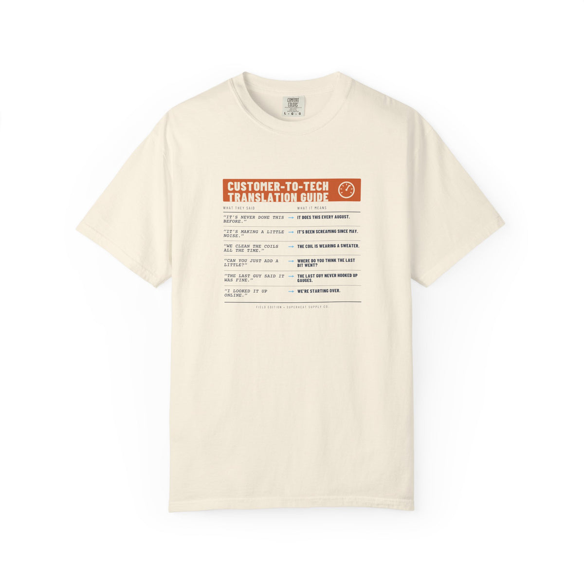 Ivory t-shirt with a Customer-to-Tech Translation Guide in two columns