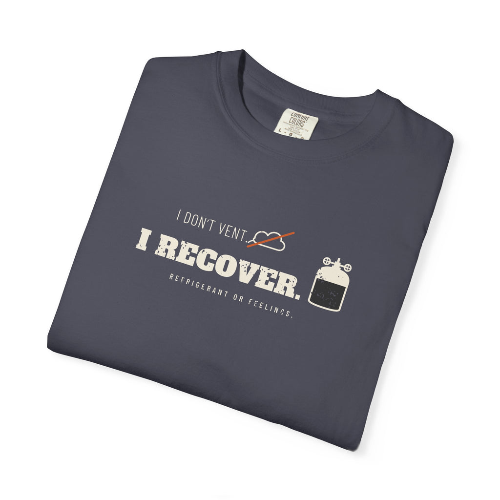 Folded Navy t-shirt with the I Don't Vent. I Recover. recovery cylinder graphic