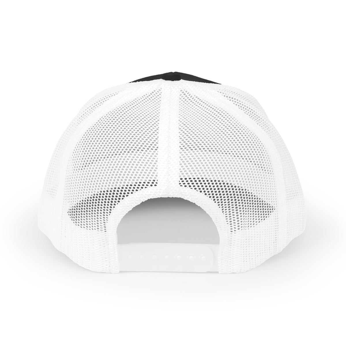 Back of trucker hat with white mesh panels and an adjustable snapback