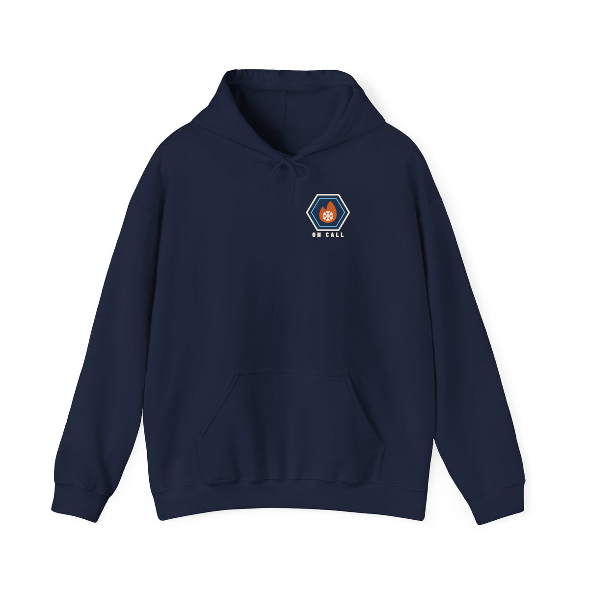 Navy hoodie with a small fire-and-ice hex nut logo and the words On Call on the left chest