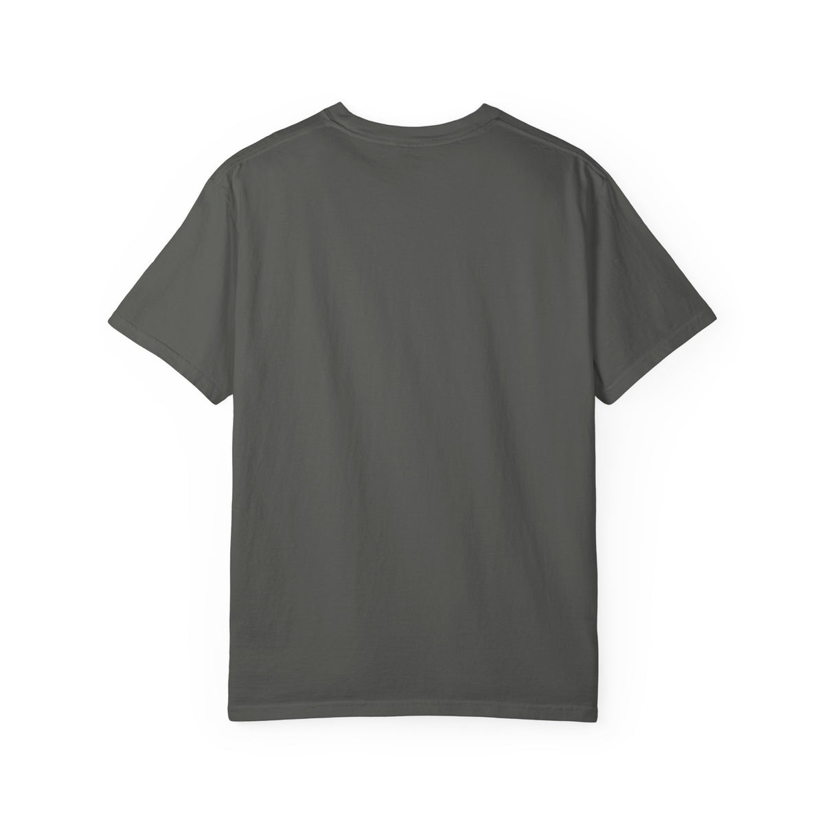 Back of faded black t-shirt, plain with no print