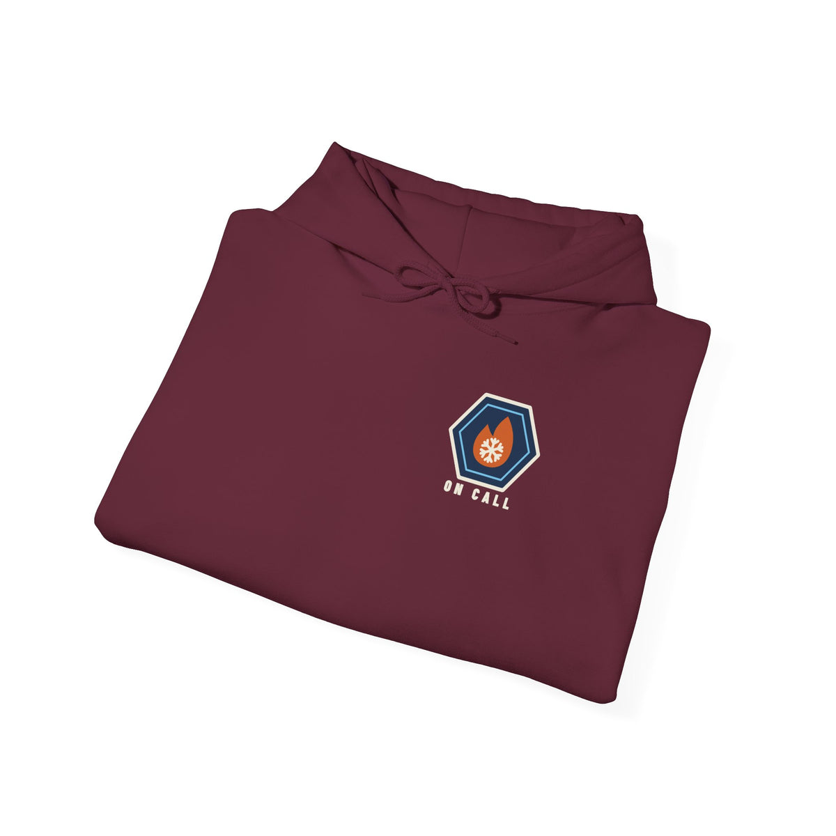 Folded maroon hoodie with a small fire-and-ice hex nut logo and the words On Call on the left chest