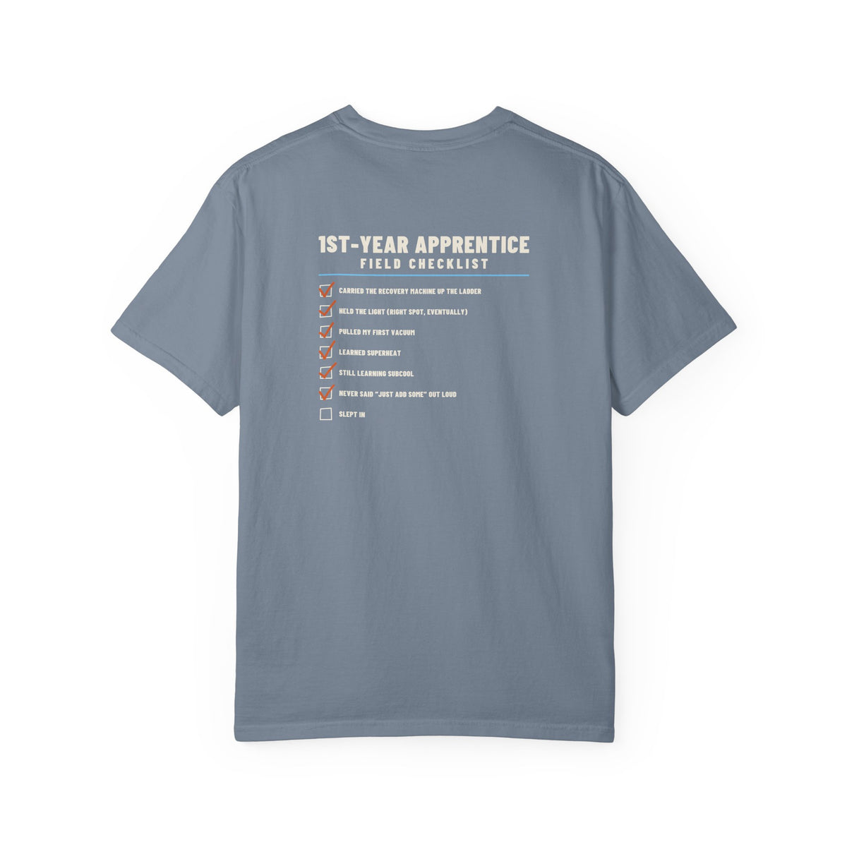 Blue Jean t-shirt, back view, with a 1st-Year Apprentice Field Checklist