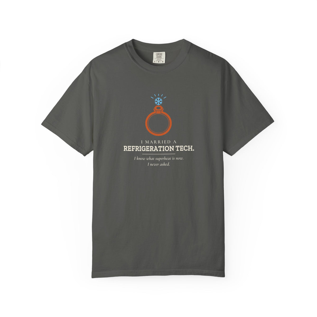 Faded black t-shirt with the I Married a Refrigeration Tech flare nut ring graphic