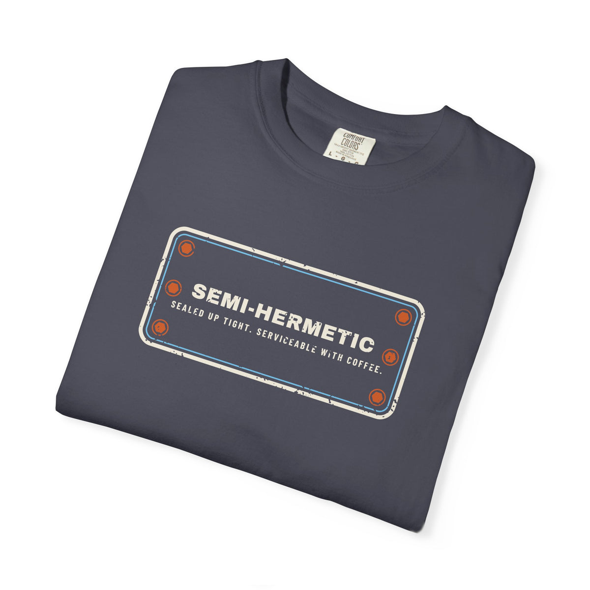 Folded Navy t-shirt with SEMI-HERMETIC on a bolted cylinder head plate
