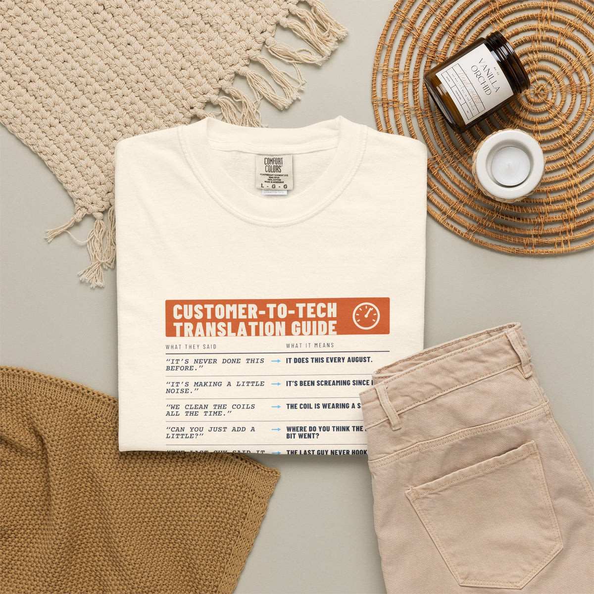 Ivory t-shirt flat-lay with a Customer-to-Tech Translation Guide in two columns