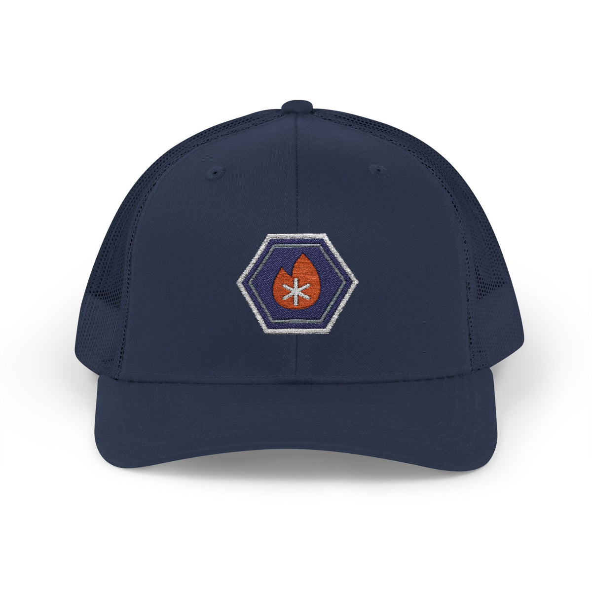Navy trucker hat with an embroidered hex nut logo, a flame on one side and a snowflake on the other
