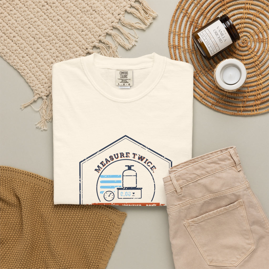 Ivory t-shirt flat-lay with a retro Measure Twice. Charge Once. hex badge with a cylinder on a scale