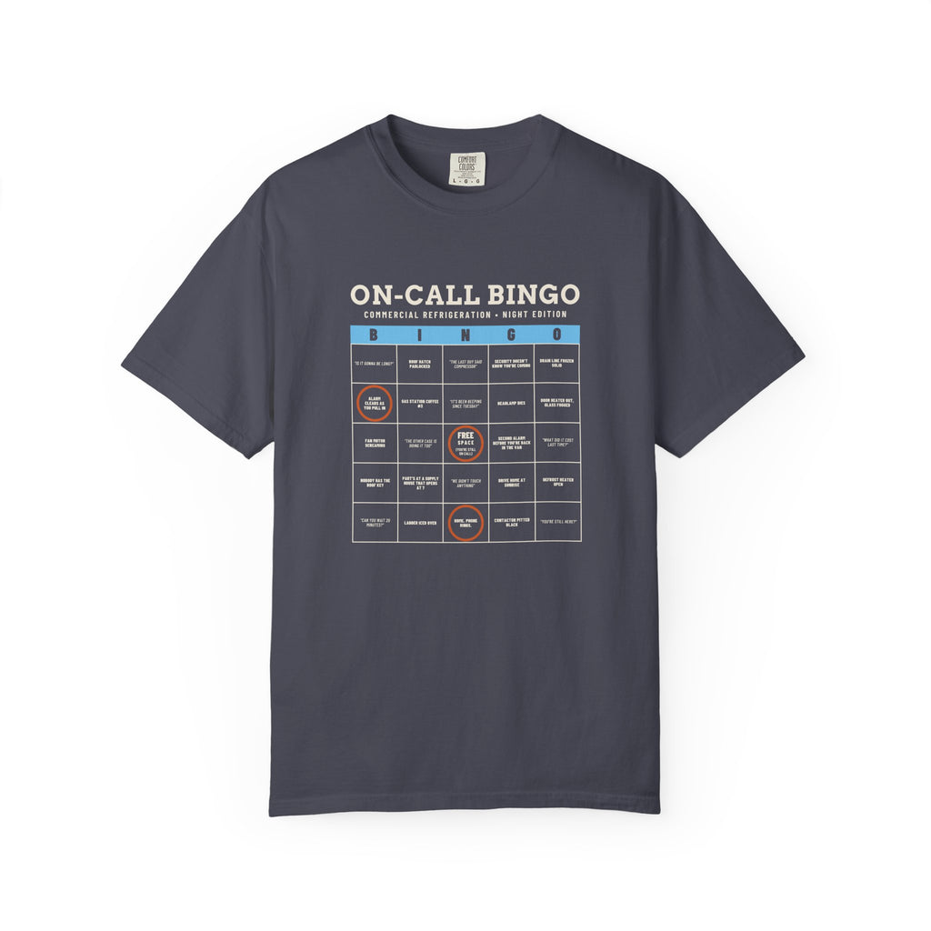 Navy t-shirt with an On-Call Bingo card for refrigeration night calls