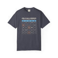 Navy t-shirt with an On-Call Bingo card for refrigeration night calls
