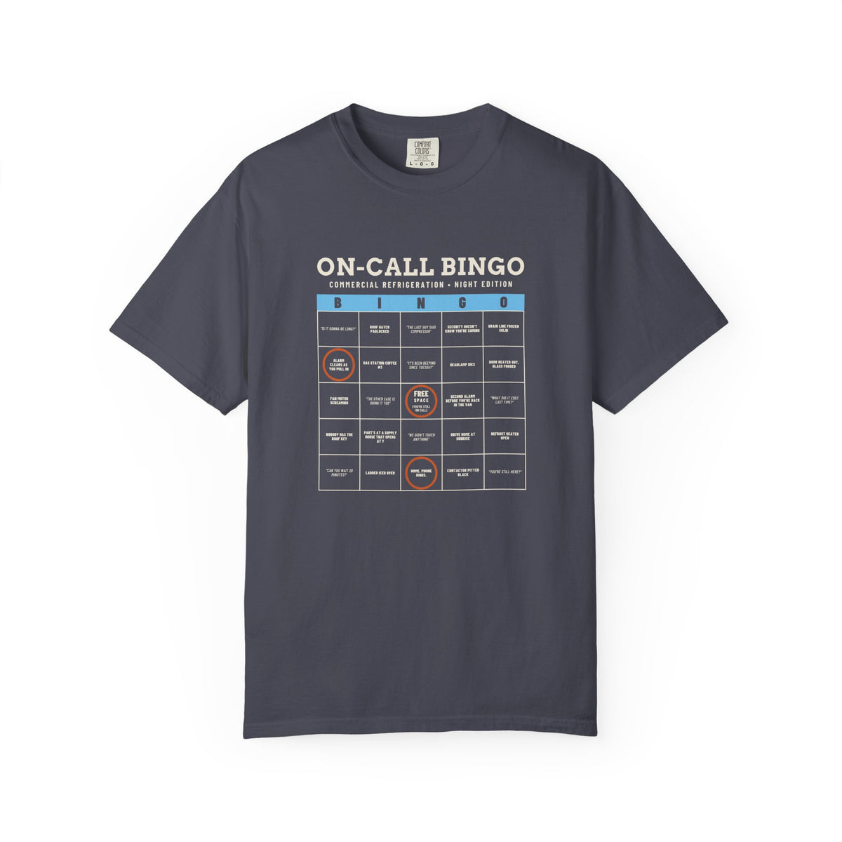 Navy t-shirt with an On-Call Bingo card for refrigeration night calls