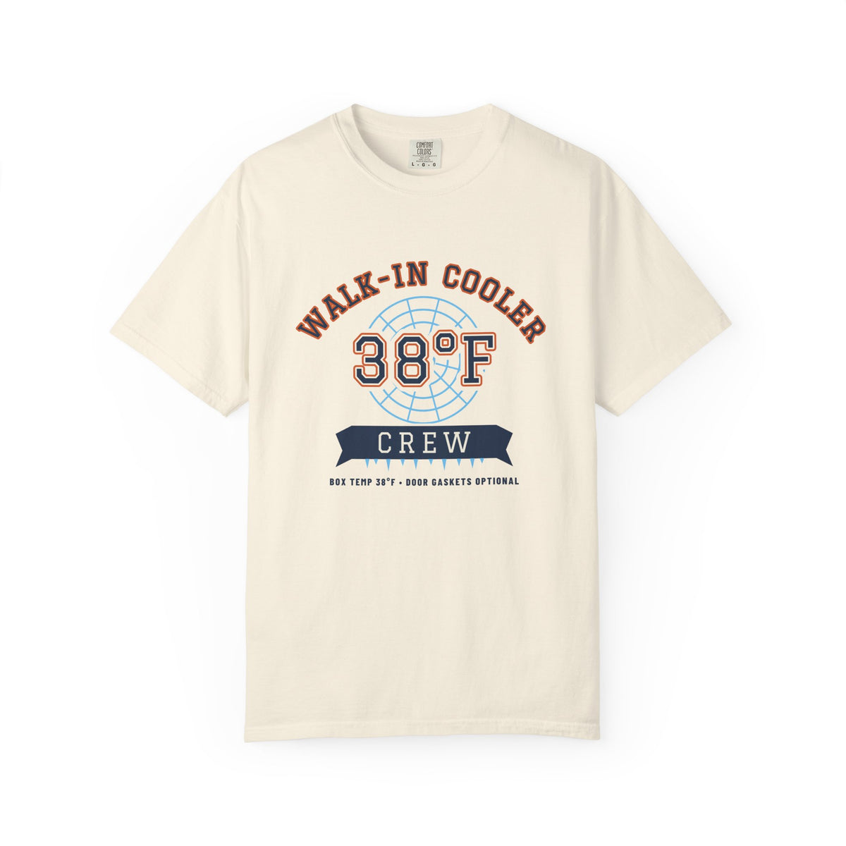Ivory t-shirt with a walk-in cooler door badge reading Walk-In Cooler Crew, Box Temp 38°F