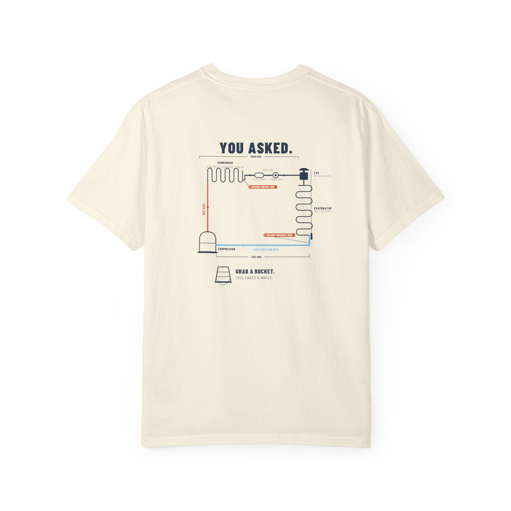 Ivory t-shirt, back view, with a You Asked refrigeration cycle diagram