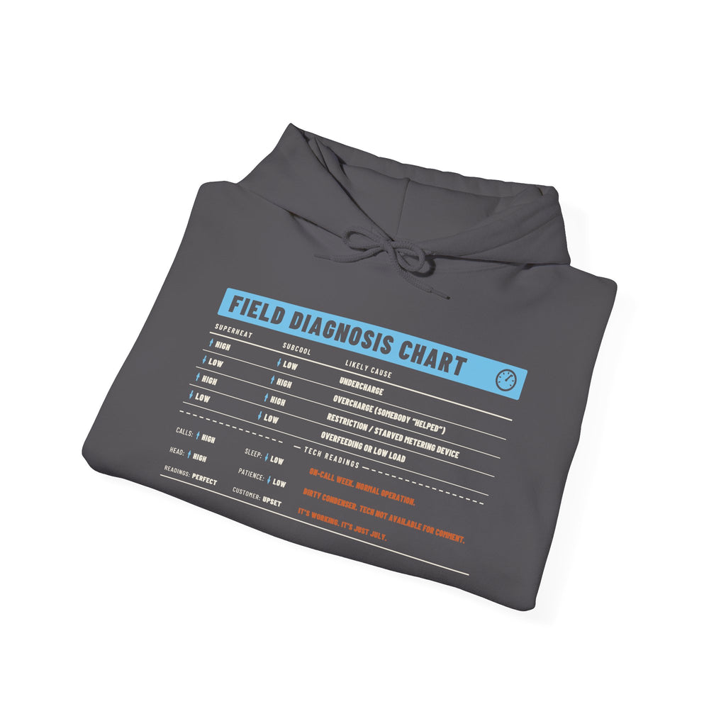 Folded Charcoal hoodie with a Field Diagnosis Chart for superheat and subcool