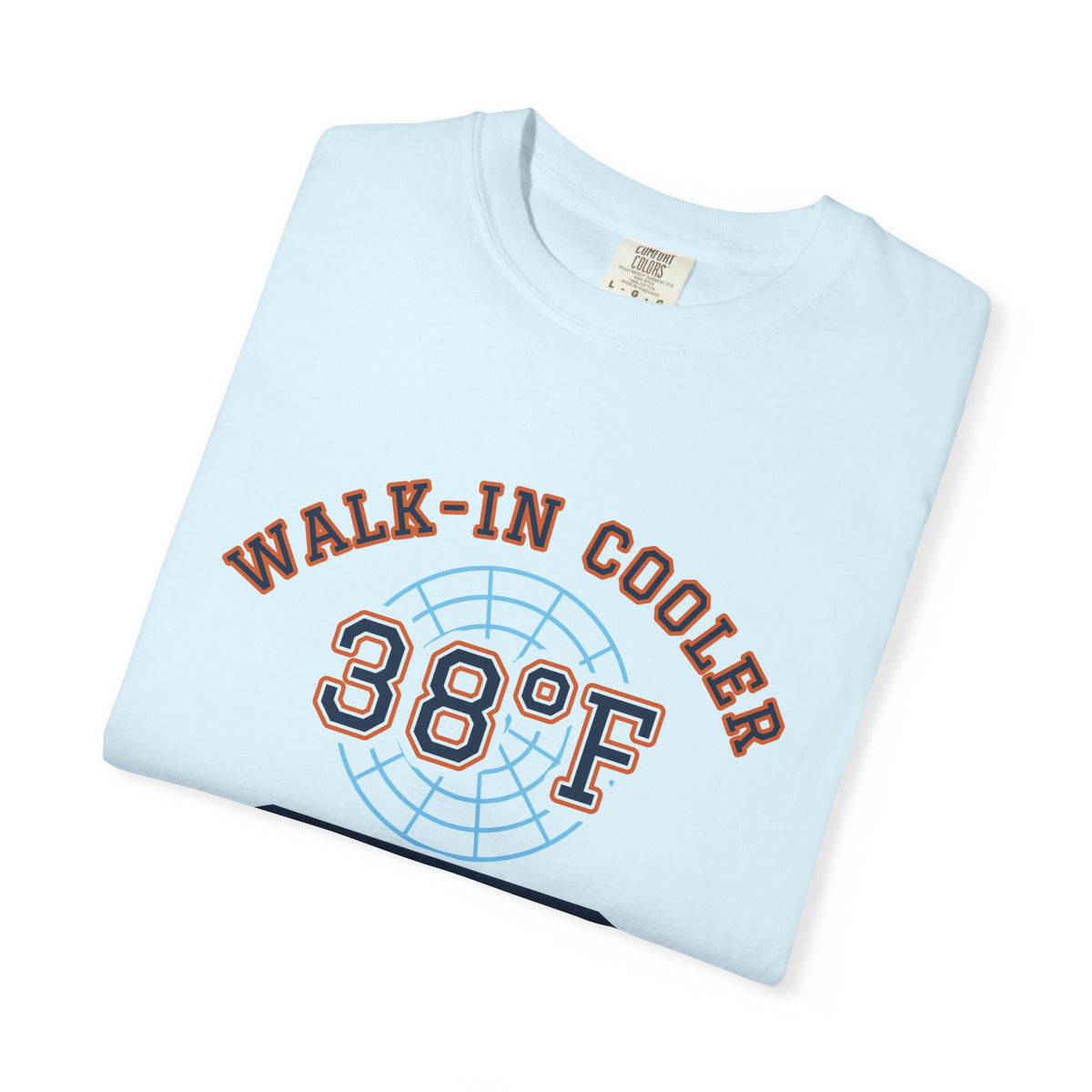 Folded Chambray t-shirt with a walk-in cooler door badge reading Walk-In Cooler Crew, Box Temp 38°F