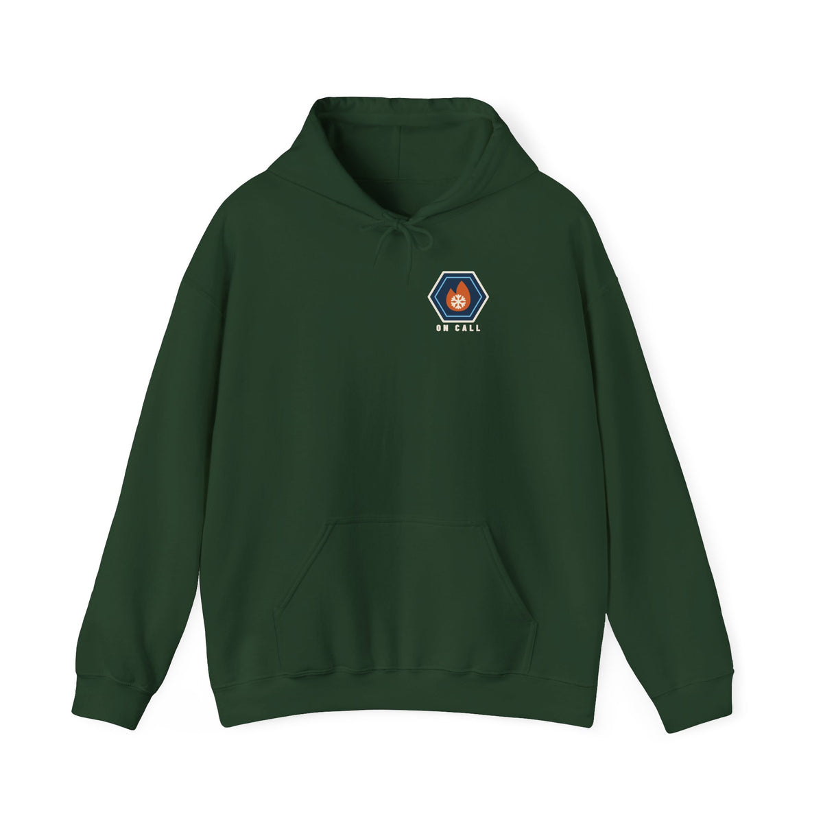 Forest green hoodie with a small fire-and-ice hex nut logo and the words On Call on the left chest