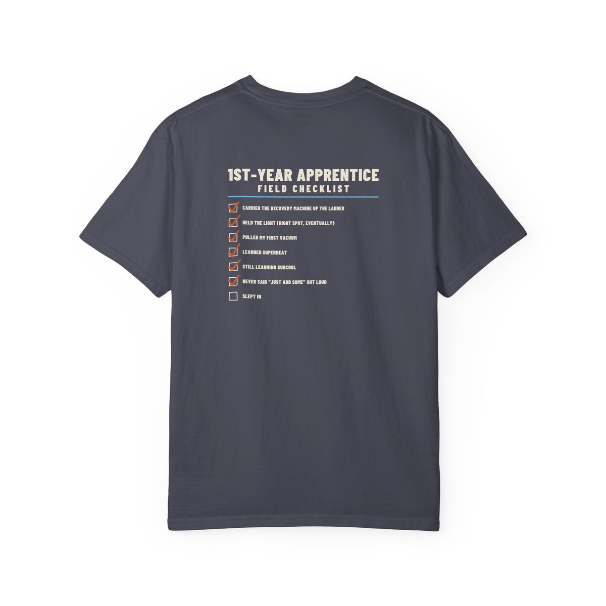 Navy t-shirt, back view, with a 1st-Year Apprentice Field Checklist