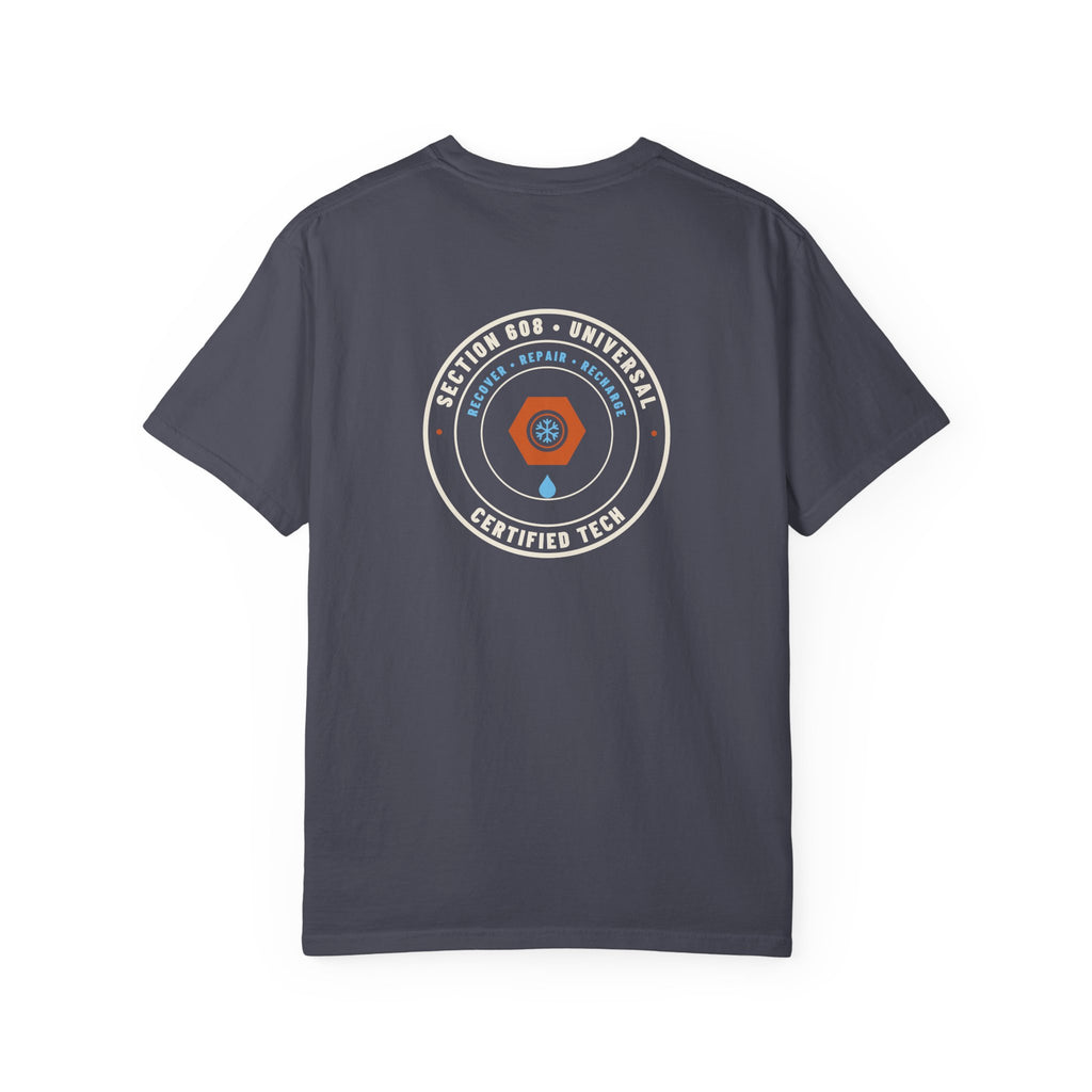 Back of navy t-shirt with a round badge reading Section 608 Universal Certified Tech