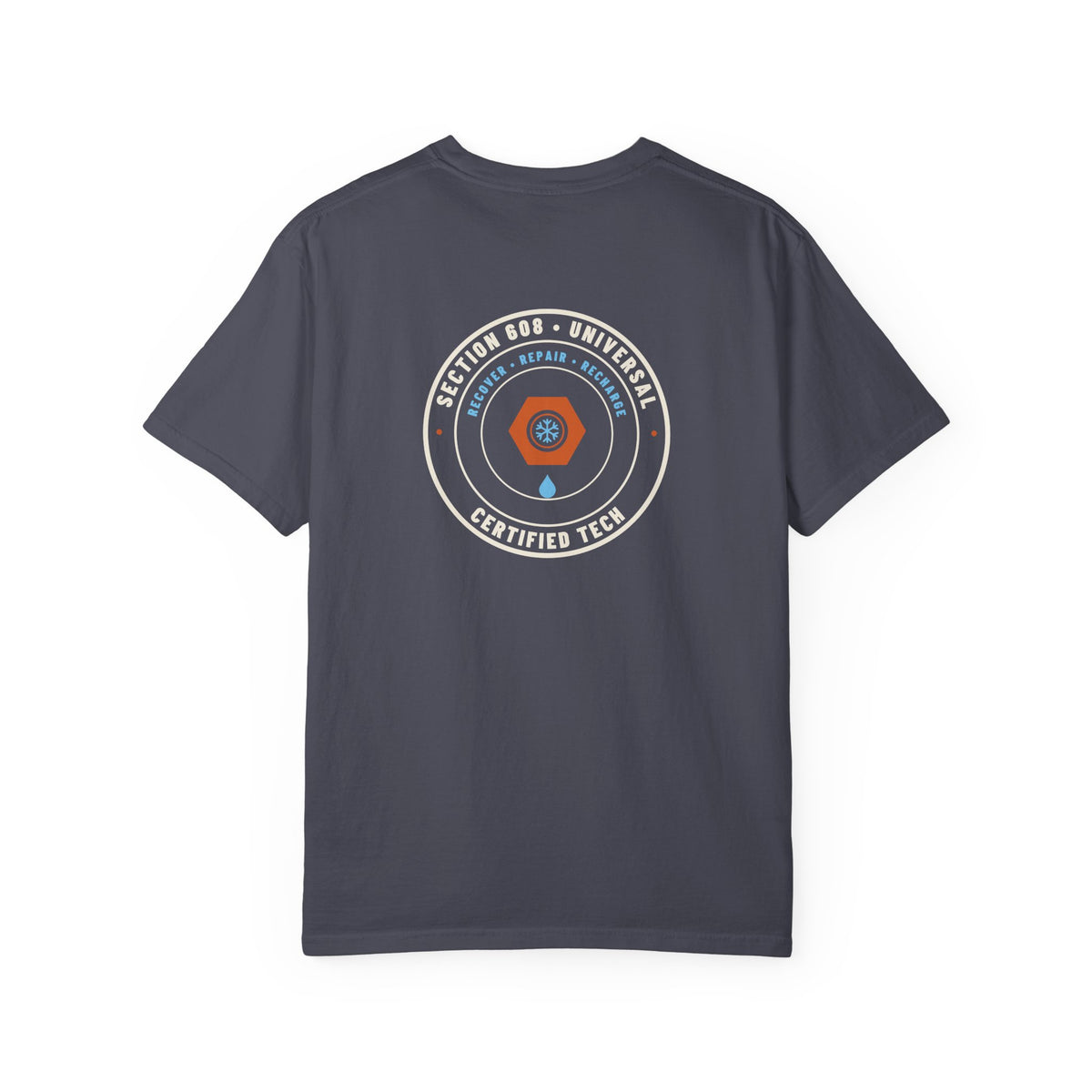 Back of navy t-shirt with a round badge reading Section 608 Universal Certified Tech