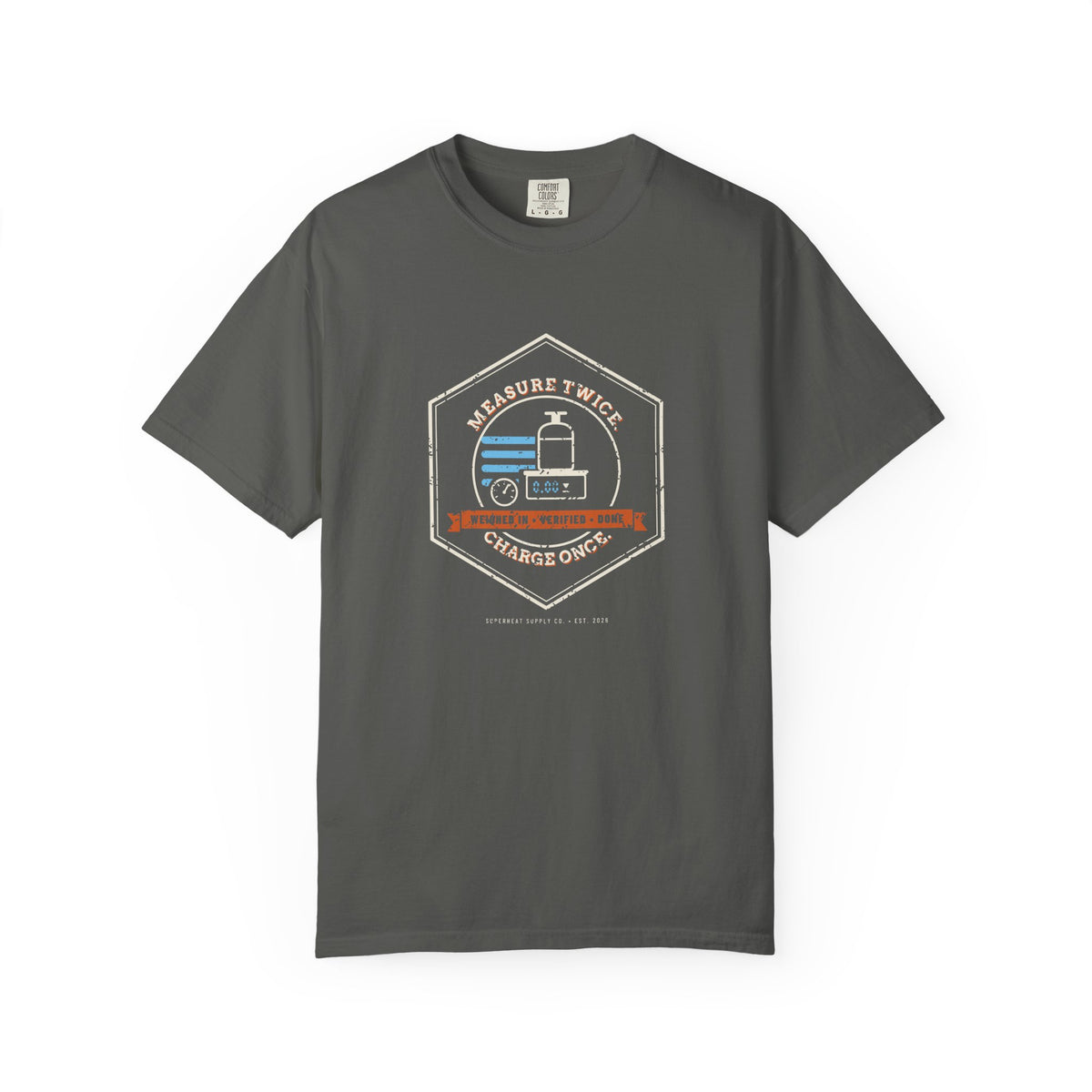 Faded black t-shirt with a retro Measure Twice. Charge Once. hex badge with a cylinder on a scale