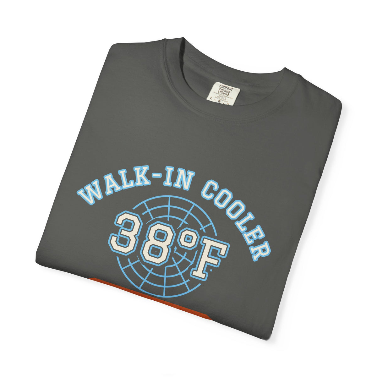 Folded faded black t-shirt with a walk-in cooler door badge reading Walk-In Cooler Crew, Box Temp 38°F
