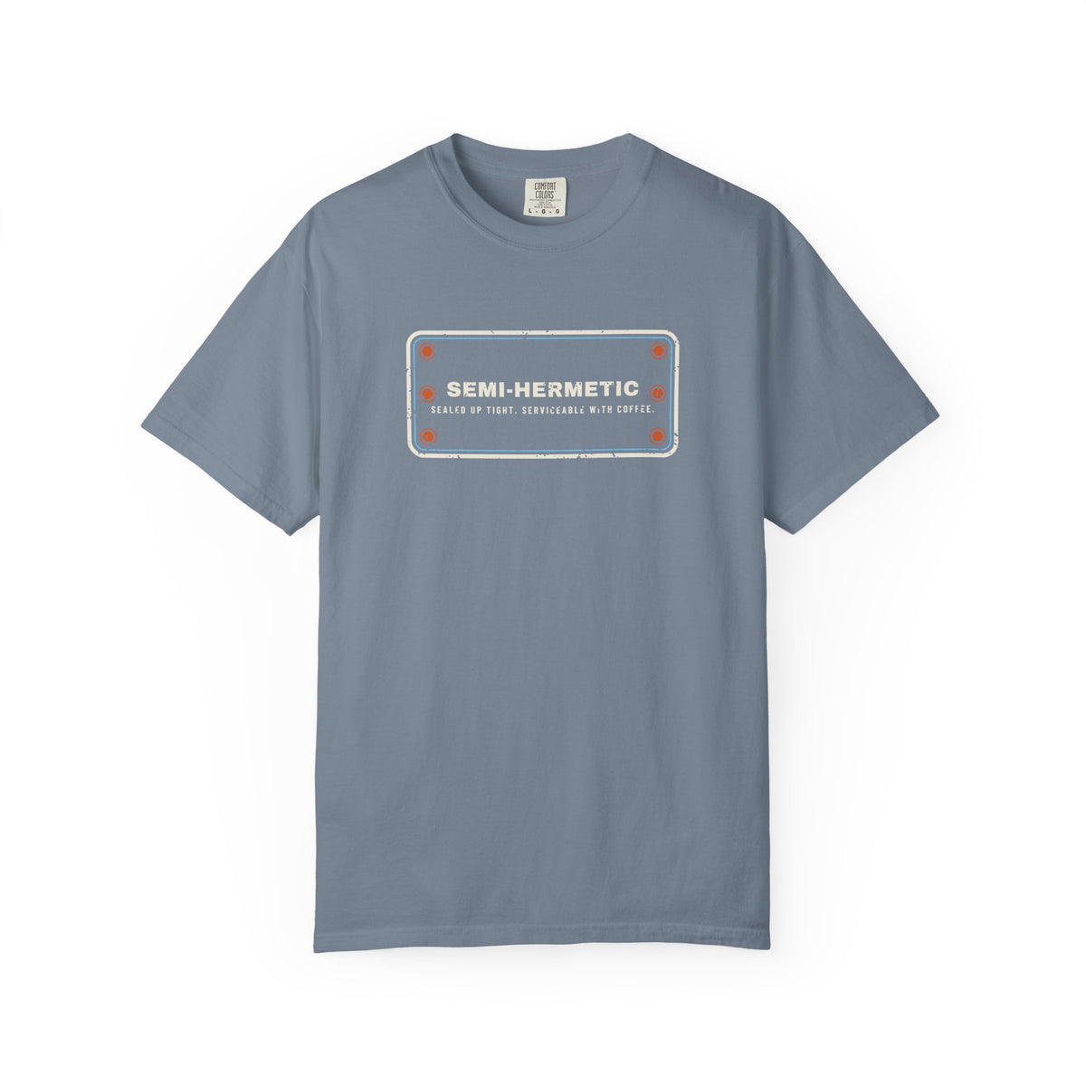 Blue Jean t-shirt with SEMI-HERMETIC on a bolted cylinder head plate