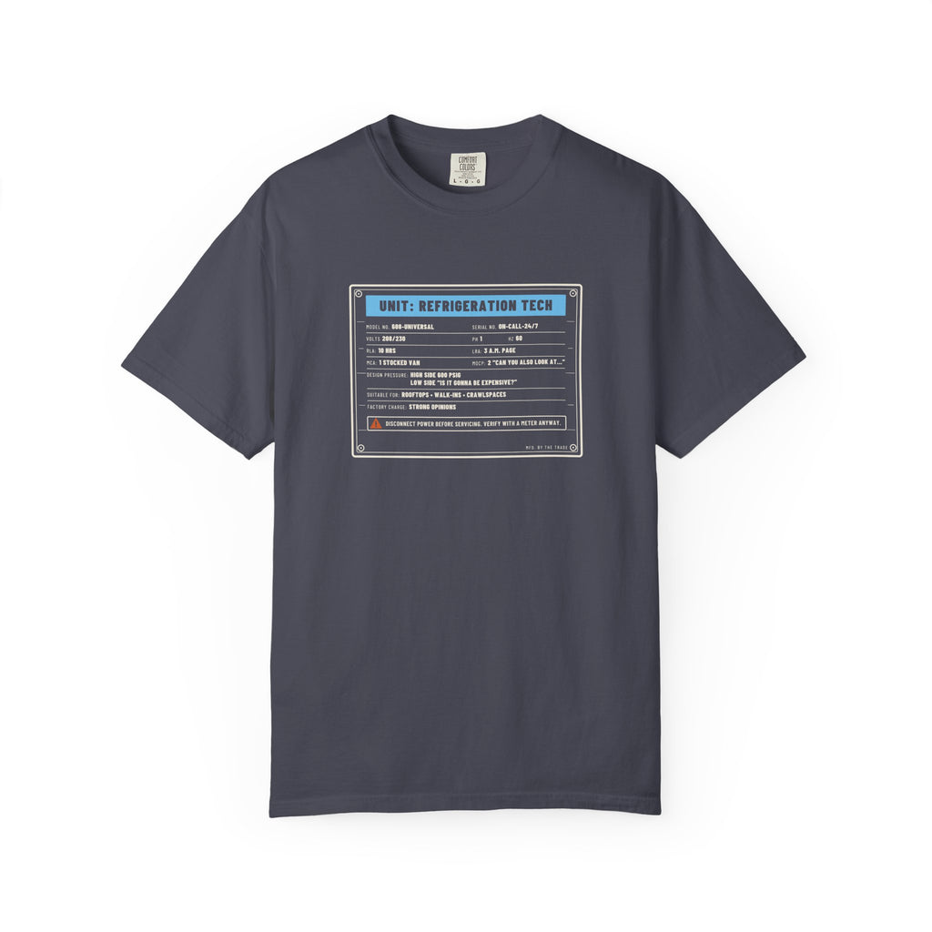 Navy t-shirt with a refrigeration tech data plate graphic