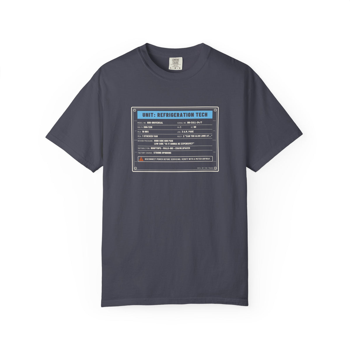 Navy t-shirt with a refrigeration tech data plate graphic