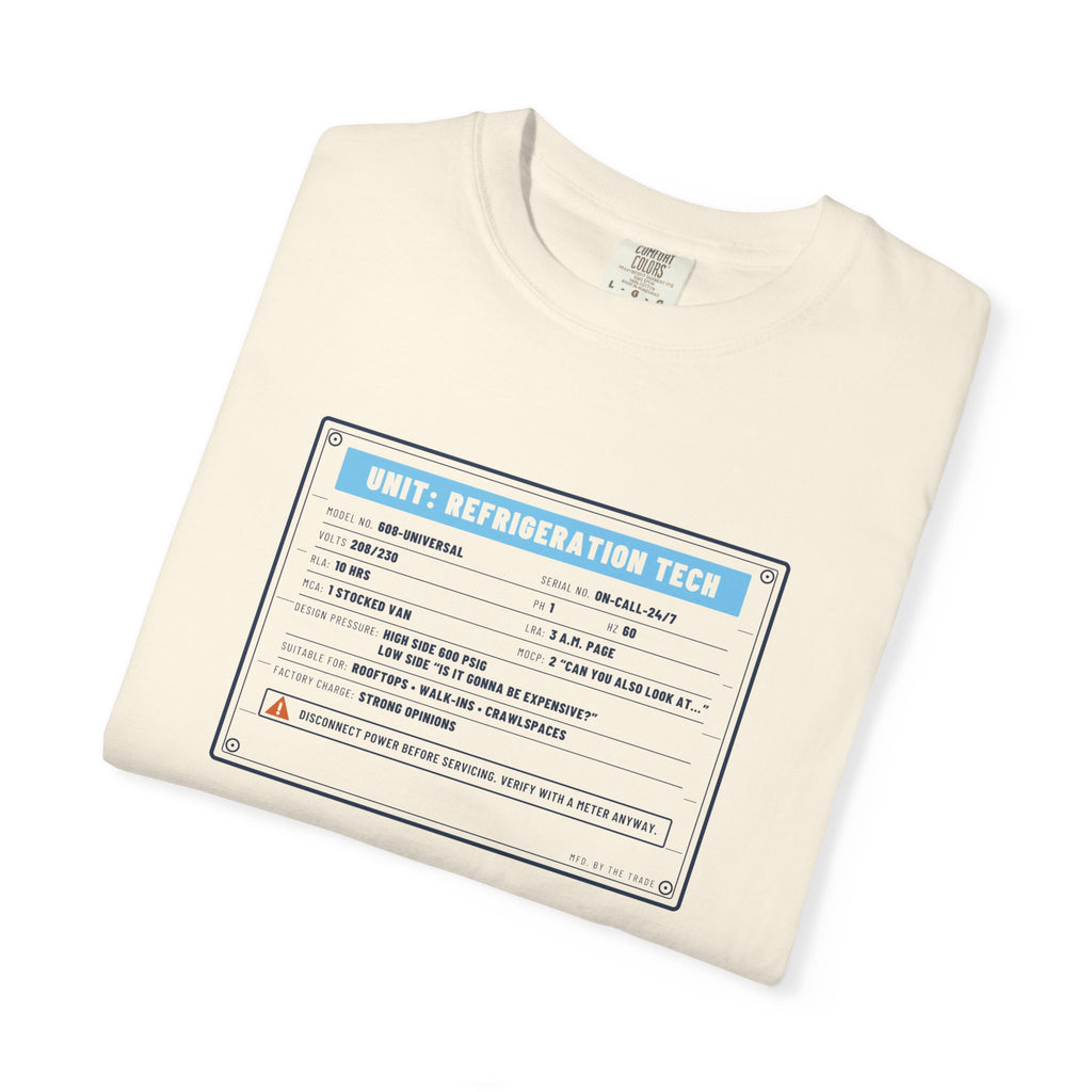 Folded Ivory t-shirt with a refrigeration tech data plate graphic