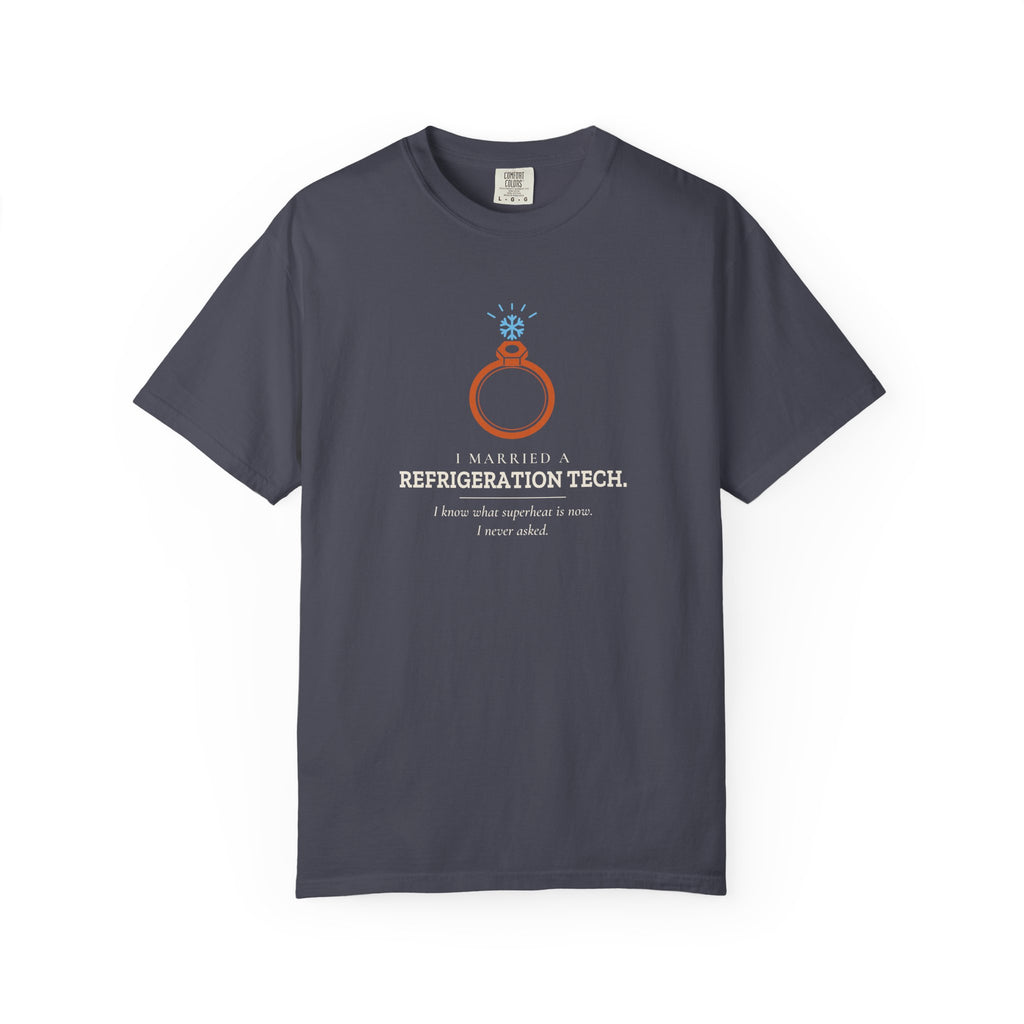 Navy t-shirt with the I Married a Refrigeration Tech flare nut ring graphic