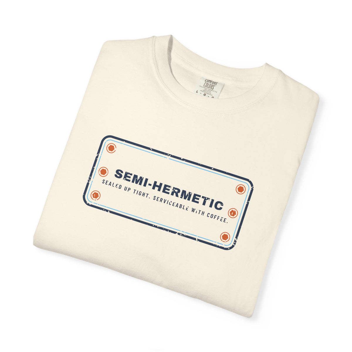 Folded Ivory t-shirt with SEMI-HERMETIC on a bolted cylinder head plate
