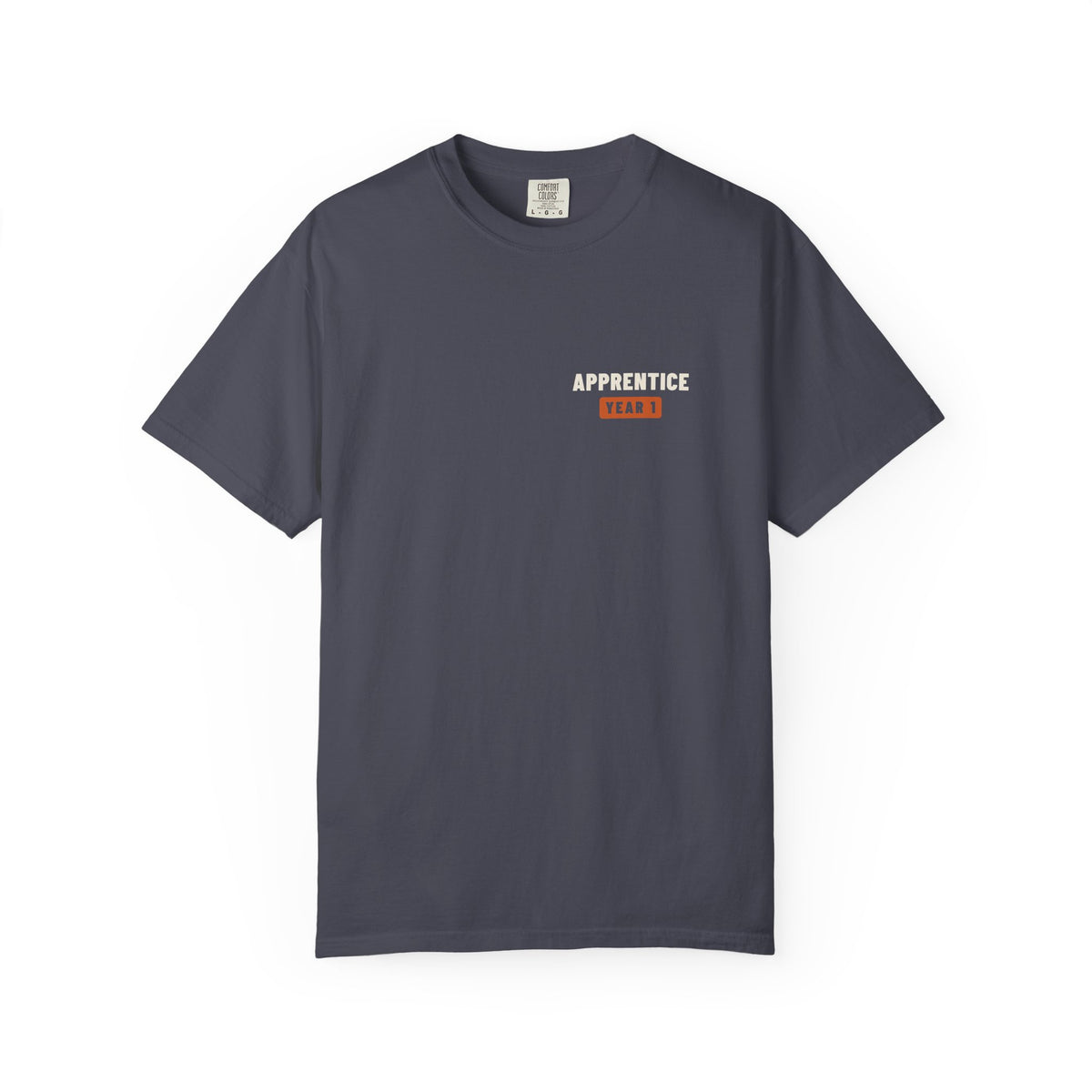 Navy t-shirt with a small Apprentice Year 1 tab on the left chest