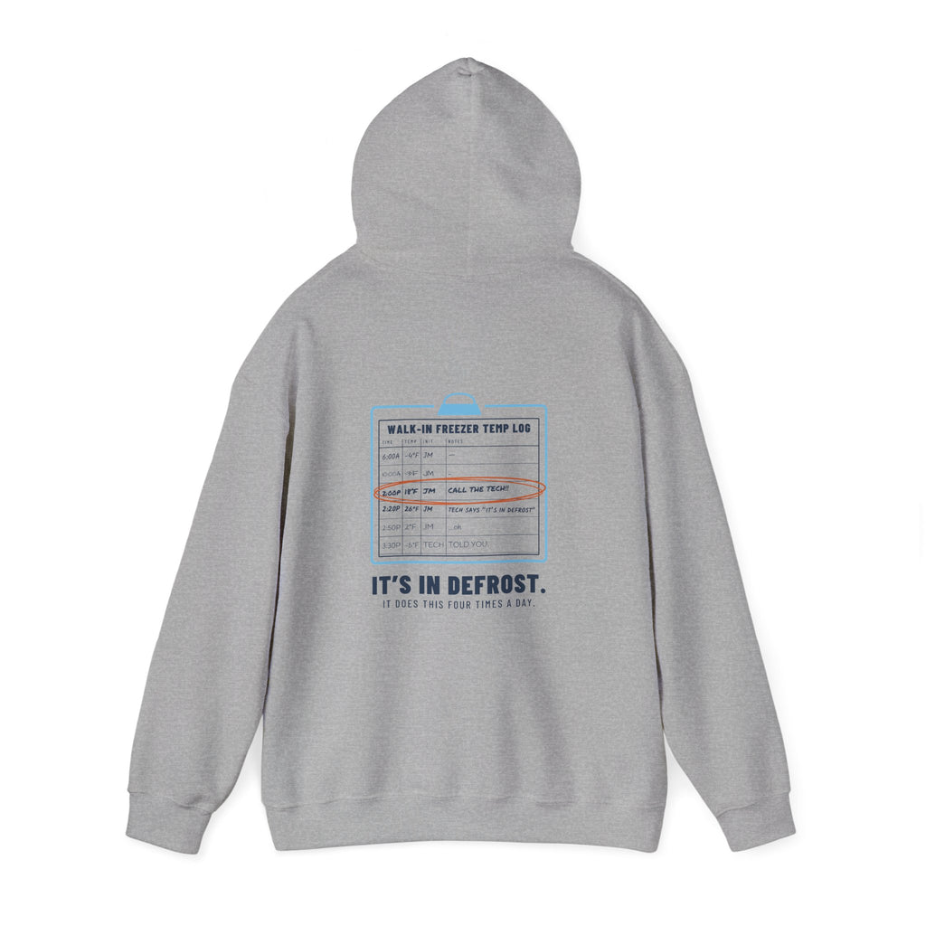 Sport Grey hoodie, back view, with a walk-in freezer temp log and It's In Defrost