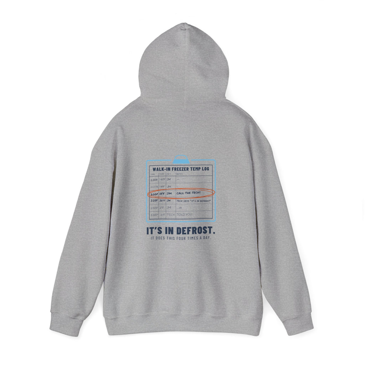 Sport Grey hoodie, back view, with a walk-in freezer temp log and It's In Defrost