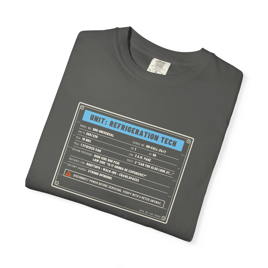 Folded Faded black t-shirt with a refrigeration tech data plate graphic