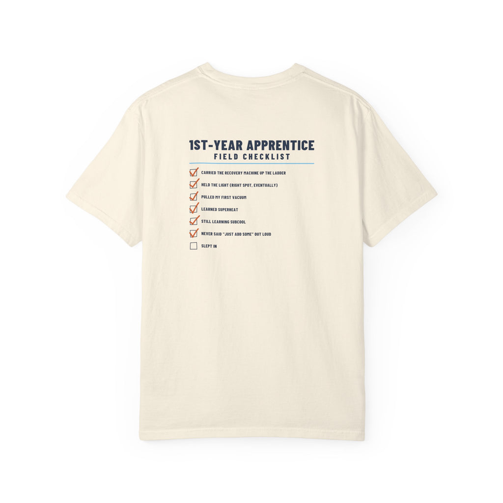 Ivory t-shirt, back view, with a 1st-Year Apprentice Field Checklist